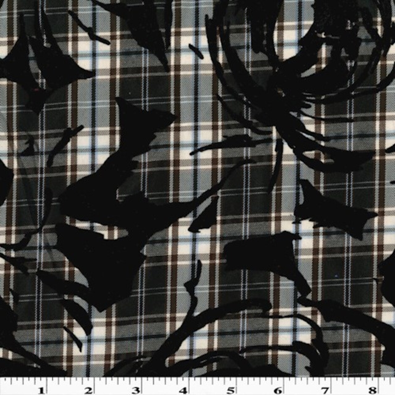 Brown/Multi Velvet Flocked Floral Printed Plaid Shirting Fabric By the Yard